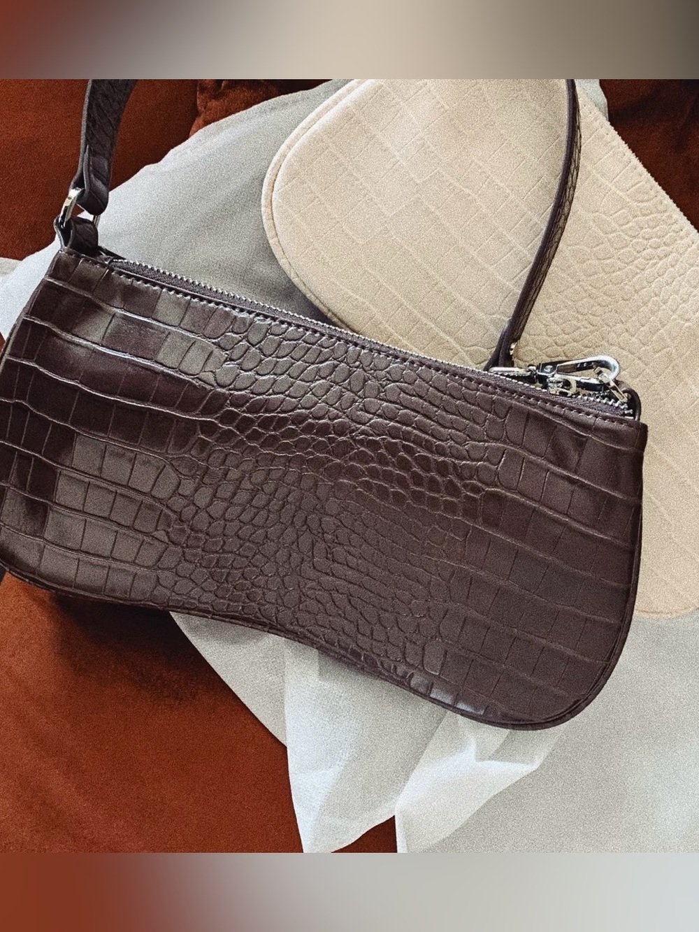 JW PEI Dark Brown Croc-Embossed Mini Shoulder Bag